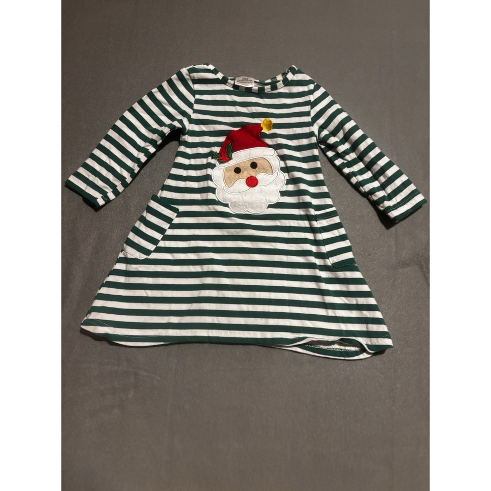 Christmas Santa Dress Girls 2XS Green White Striped Festive Holidays Long Sleeve